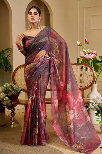 Brown cotton blend floral print saree with blouse