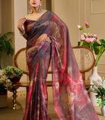 Brown cotton blend floral print saree with blouse