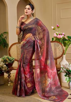 Brown cotton blend floral print saree with blouse 2