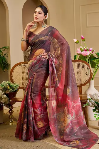 Brown cotton blend floral print saree with blouse
