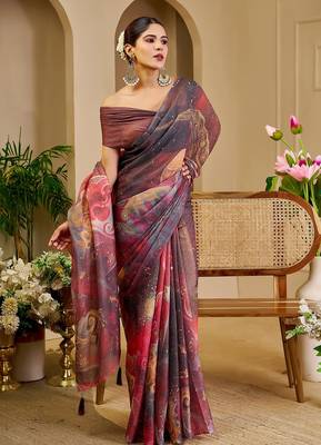 Brown cotton blend floral print saree with blouse 3