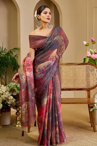 Brown cotton blend floral print saree with blouse