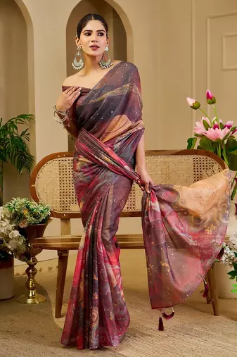 Brown cotton blend floral print saree with blouse