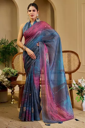 Blue cotton blend geometric print saree with blouse