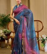 Blue cotton blend geometric print saree with blouse