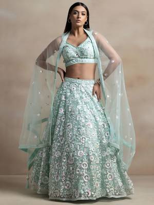 Sea Green Color Beautiful Heavy Wedding Reception Bridesmaid Soft Net Lehenga 1