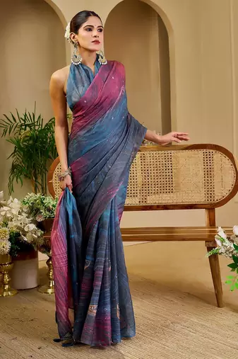 Blue cotton blend geometric print saree with blouse