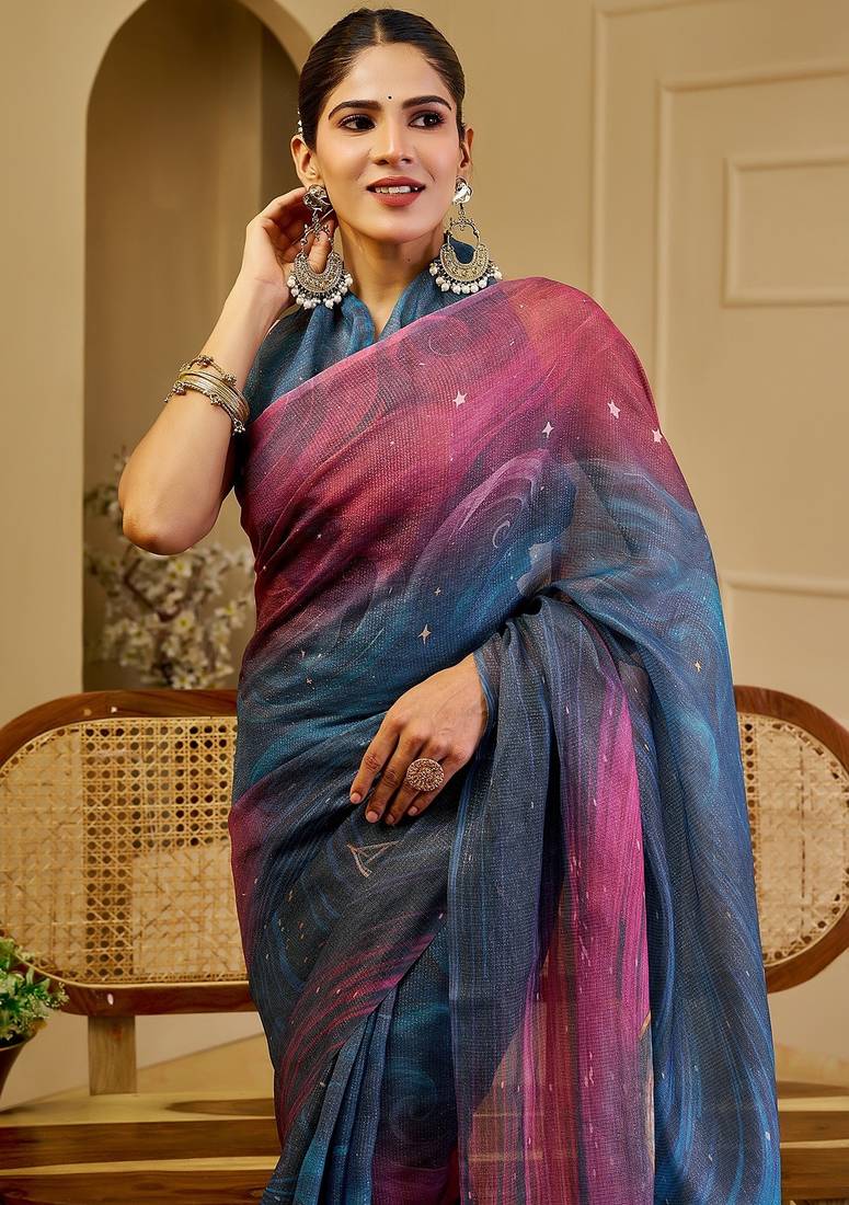 Blue cotton blend geometric print saree with blouse