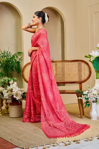 Peach cotton blend floral print saree with blouse