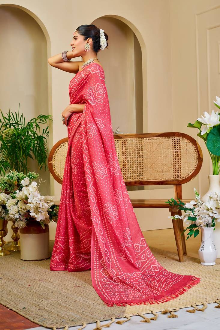 Peach cotton blend floral print saree with blouse
