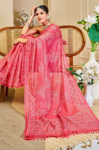 Peach cotton blend floral print saree with blouse