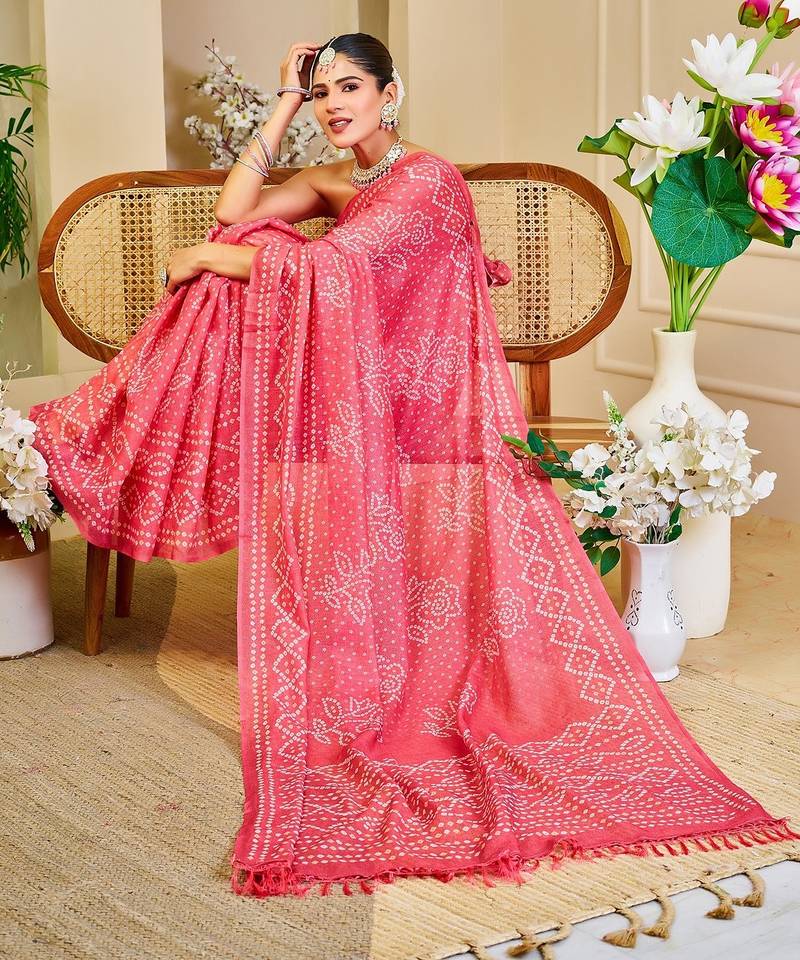 Peach cotton blend floral print saree with blouse