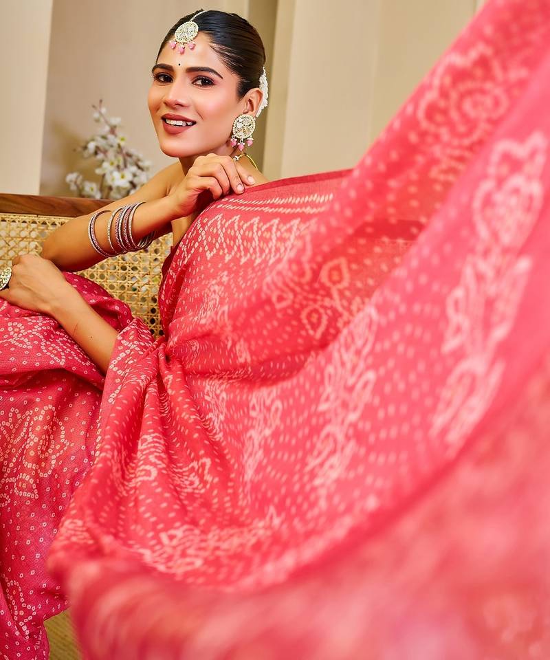Peach cotton blend floral print saree with blouse