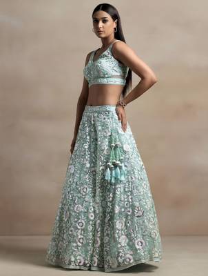 Sea Green Color Beautiful Heavy Wedding Reception Bridesmaid Soft Net Lehenga 4