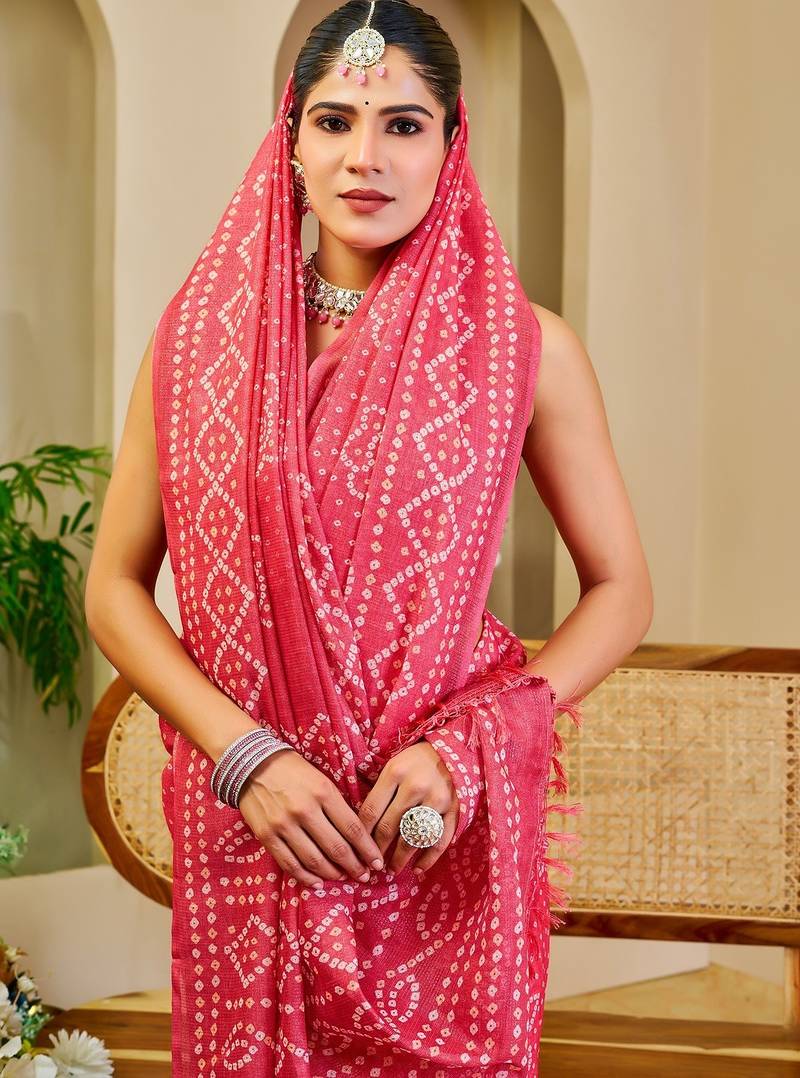 Peach cotton blend floral print saree with blouse