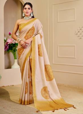 Beige cotton blend floral print saree with blouse 1