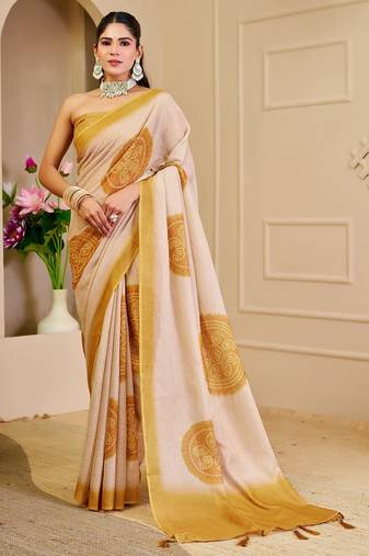 Beige cotton blend floral print saree with blouse