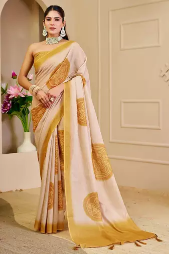 Beige cotton blend floral print saree with blouse