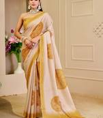 Beige cotton blend floral print saree with blouse