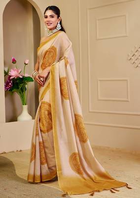 Beige cotton blend floral print saree with blouse 2