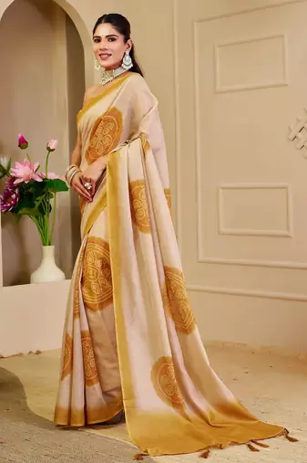 Beige cotton blend floral print saree with blouse