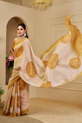 Beige cotton blend floral print saree with blouse 3