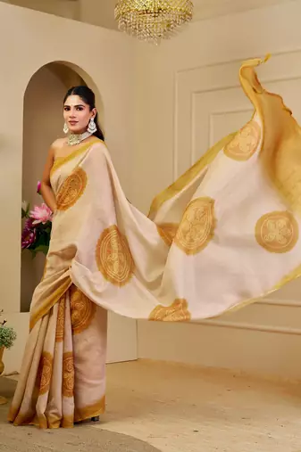 Beige cotton blend floral print saree with blouse