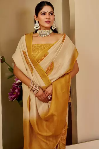 Beige cotton blend floral print saree with blouse