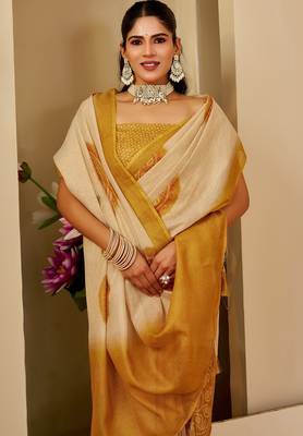 Beige cotton blend floral print saree with blouse 5