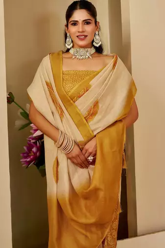 Beige cotton blend floral print saree with blouse