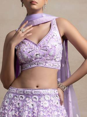 Lavender Color Beautiful Heavy Wedding Reception Bridesmaid Soft Net Lehenga 3
