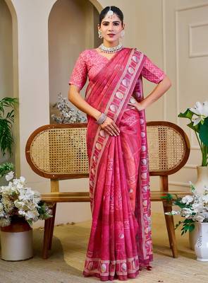Pink cotton blend floral print saree with blouse 1