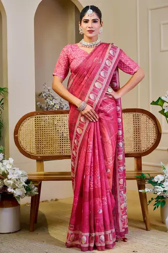 Pink cotton blend floral print saree with blouse