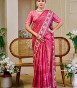 Pink cotton blend floral print saree with blouse