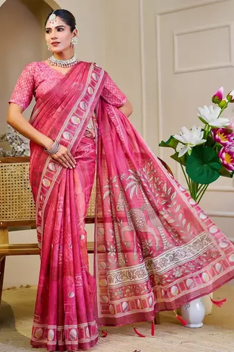 Pink cotton blend floral print saree with blouse