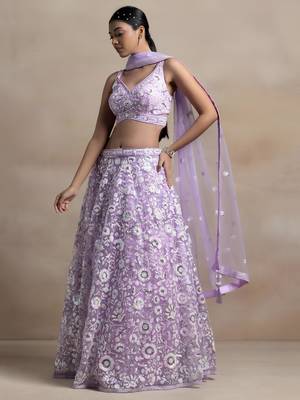 Lavender Color Beautiful Heavy Wedding Reception Bridesmaid Soft Net Lehenga 4