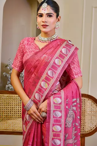 Pink cotton blend floral print saree with blouse
