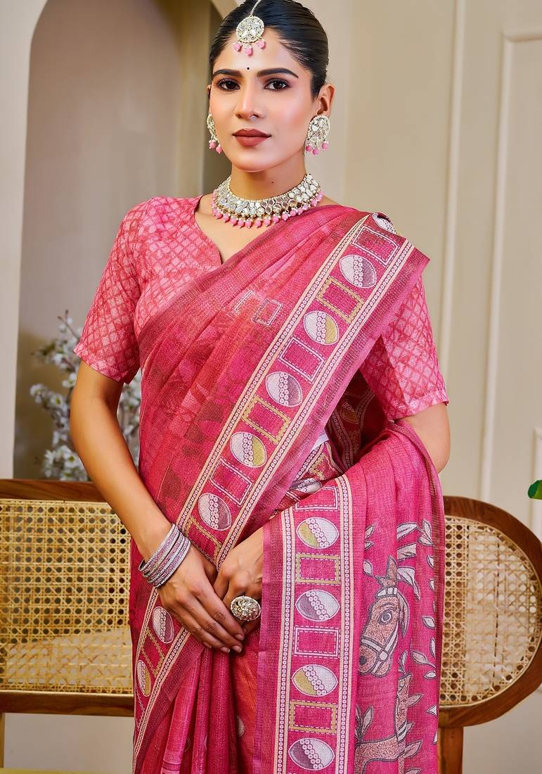 Pink cotton blend floral print saree with blouse