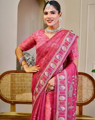 Pink cotton blend floral print saree with blouse 4