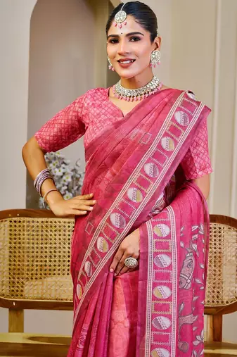Pink cotton blend floral print saree with blouse