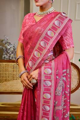 Pink cotton blend floral print saree with blouse 5