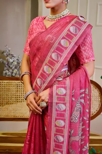 Pink cotton blend floral print saree with blouse