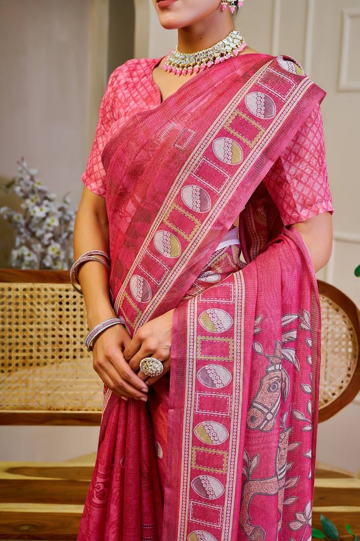 Pink cotton blend floral print saree with blouse