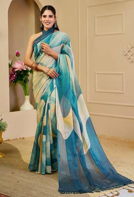 Sea green cotton blend geometric print saree with blouse 1