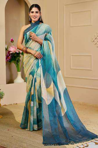 Sea green cotton blend geometric print saree with blouse