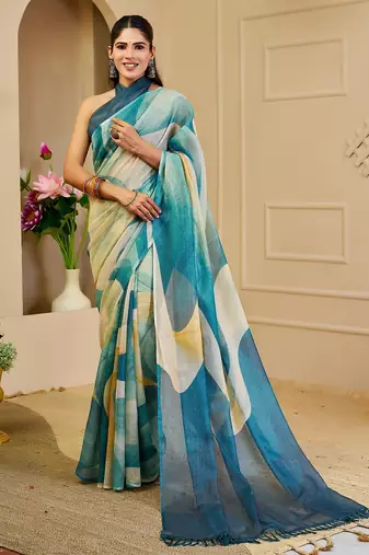 Sea green cotton blend geometric print saree with blouse