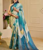 Sea green cotton blend geometric print saree with blouse