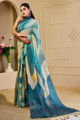Sea green cotton blend geometric print saree with blouse
