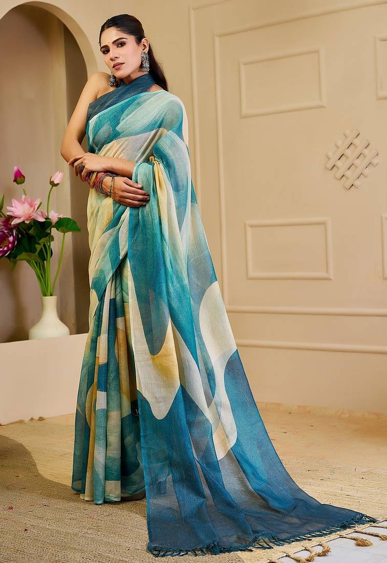 Sea green cotton blend geometric print saree with blouse