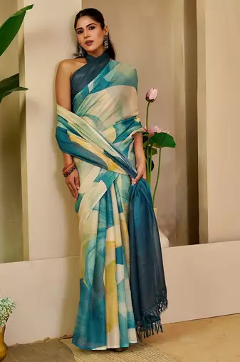 Sea green cotton blend geometric print saree with blouse